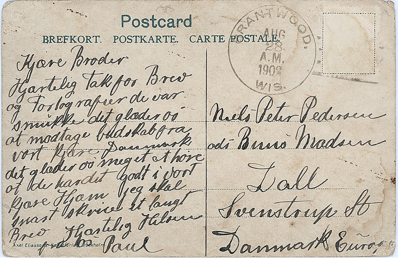 Postkort fra Poul til Peter mens han tjente hos Buus Madsen Dall Postkort fra Poul til Peter mens han tjente hos Buus Madsen Dall